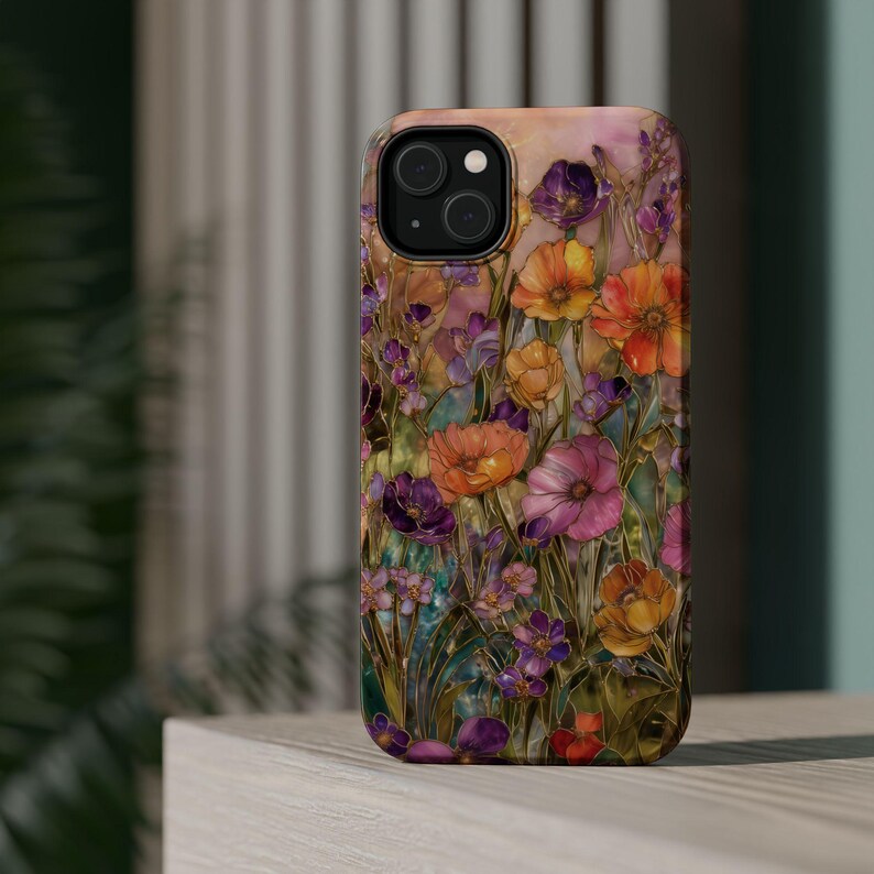 Wildflower MagSafe Compatible Phone Case, Spring Meadow Phone Cover, Botanical Flower Garden Faux Stained Glass Case for iPhone 17 16 15 14 afbeelding 14