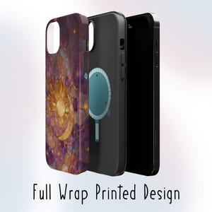 May include: A phone case with a celestial design featuring a sun and crescent moon on a purple and gold background. The case is shown with a black phone and a case with a teal and white design. The text "Full Wrap Printed Design" is at the bottom.