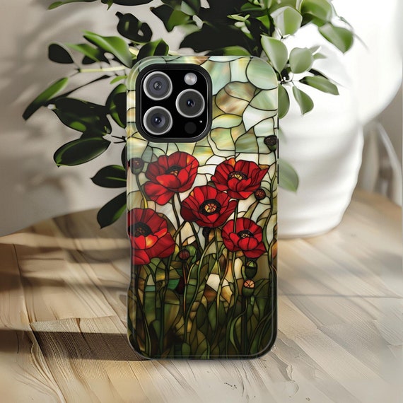 Poppy MagSafe Compatible Phone Case August Birth Flower Faux Stained Glass Botanical Cover Floral Wildflower Case for iPhone 16 15 14 13