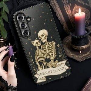 Spooky Cat Skeleton Phone Case Halloween | Gothic Cat Lover Case for Galaxy Pixel iPhone | Creepy Tarot Cute Fall Accessory for Cat Moms
