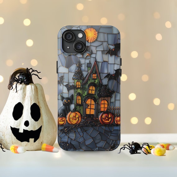 Halloween Phone Case Spooky Phone Case Gingerbread Haunted House Faux Stained Glass Cover for iPhone 15 14 13 12 11 8 7 Galaxy S 24 23 22 21