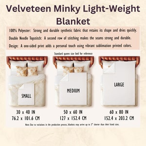 May include: Three different sizes of a soft, light-weight Velveteen Minky blanket. The blanket is 100% polyester and has a one-sided print. The sizes are small (30 x 40 inches), medium (50 x 60 inches), and large (60 x 80 inches).