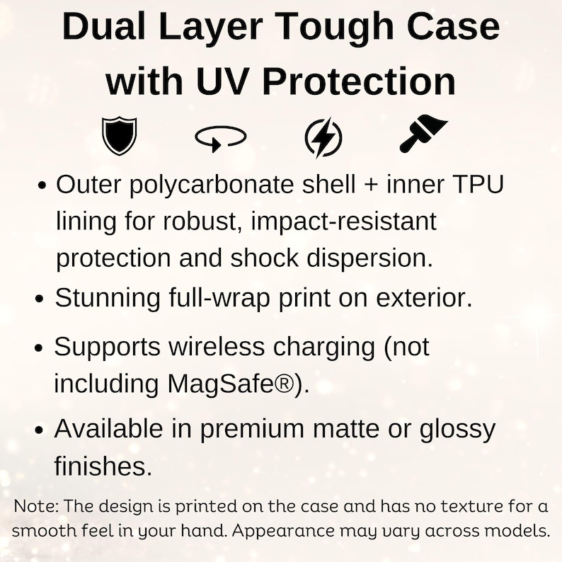 以下が含まれることがあります： UVカット機能付きのデュアルレイヤータフケース。ポリカーボネートシェルとTPUライニングを採用し、衝撃に強い設計。ワイヤレス充電に対応し、マットまたは光沢仕上げからお選びいただけます。