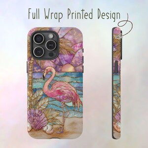Funda para teléfono con flamenco rosa, funda para teléfono con temática de playa tropical, funda con estampado de flamenco de vidriera sintética y estética de puesta de sol costera para iPhone Galaxy Pixel imagen 6