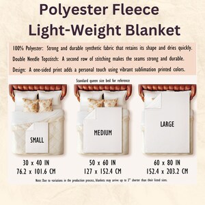 May include: Three images of a queen-sized bed with a polyester fleece blanket in different sizes: small, medium, and large. The blanket is white and the bed is brown with gold accents. The text below each image shows the dimensions of the blanket in inches and centimeters. Note: Due to variations in the production process, blankets may arrive up to 3" shorter than their listed sizes.