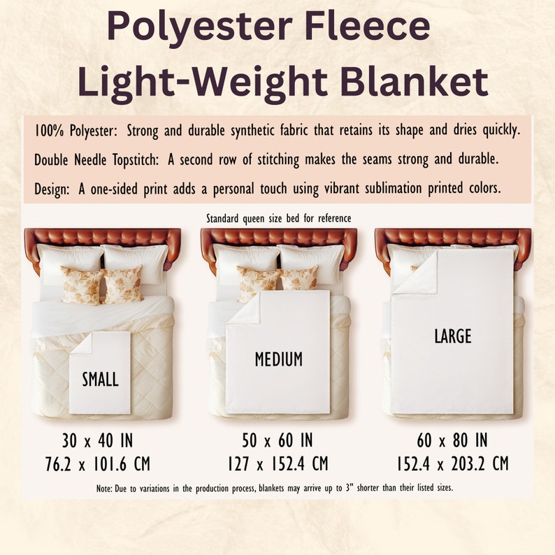 May include: Three images of a queen-sized bed with a polyester fleece blanket in different sizes: small, medium, and large. The blanket is white and the bed is brown with gold accents. The text below each image shows the dimensions of the blanket in inches and centimeters. Note: Due to variations in the production process, blankets may arrive up to 3" shorter than their listed sizes.