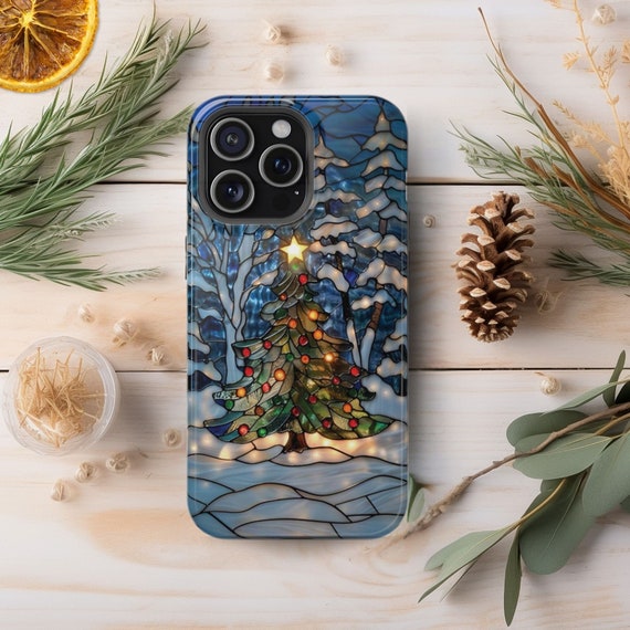 Christmas Phone Case MagSafe Compatible Christmas Tree Faux Stained Glass Holiday Lover Winter Forest Cover for iPhone 16 15 14 13 Gift Idea