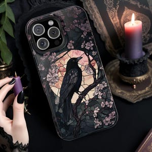 Midnight Raven MagSafe Compatible Phone Case Celestial Faux Stained Glass Dark Academia Moody Cover Gothic Crow Case for iPhone 16 15 14 13