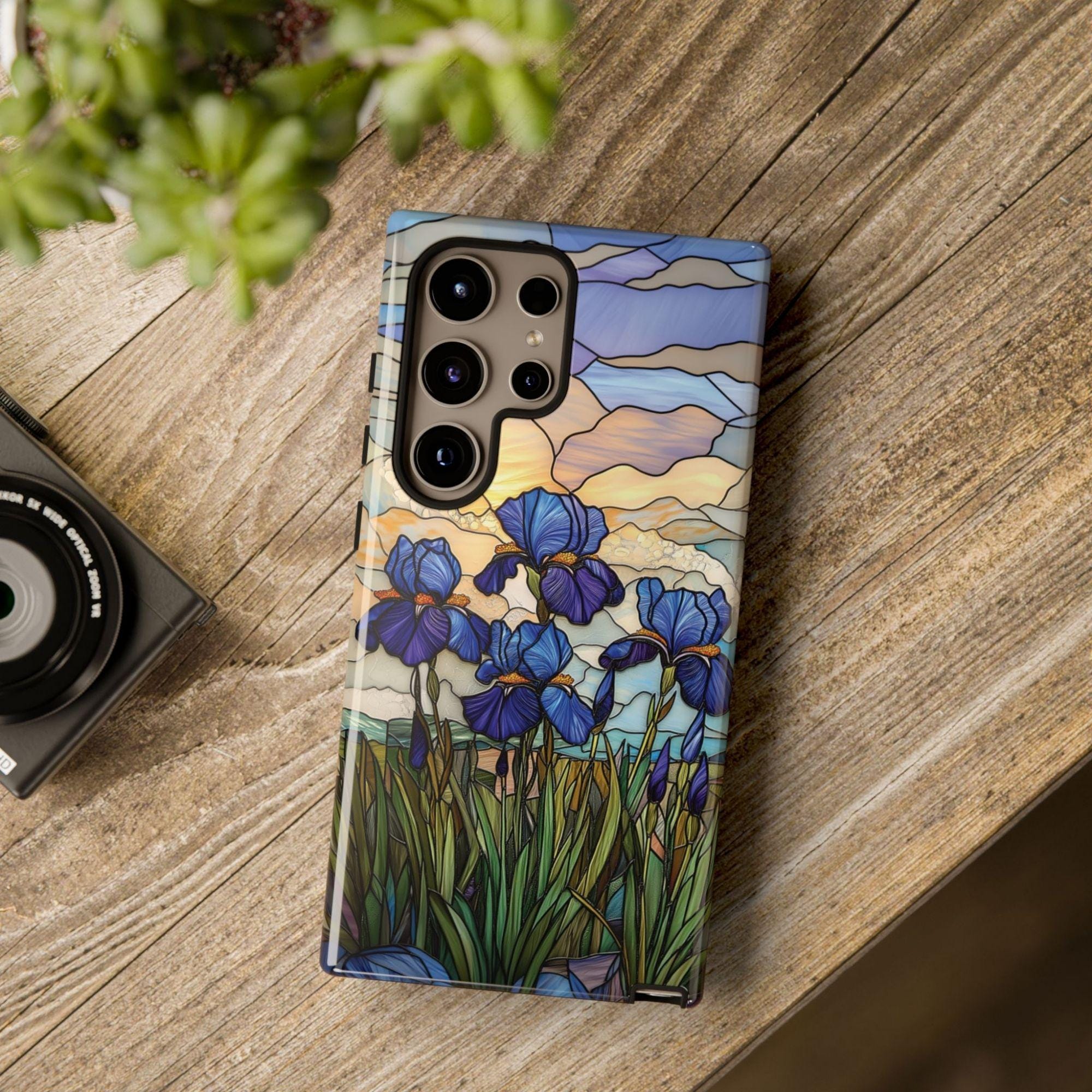 Floral Spring Faux Stained Glass Phone Case Blue Iris Garden Cover