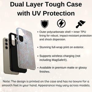 May include: A dual-layer phone case with a white and pink marble design. The case is made of polycarbonate and TPU and offers impact-resistant protection. It supports wireless charging and is available in matte or glossy finishes.