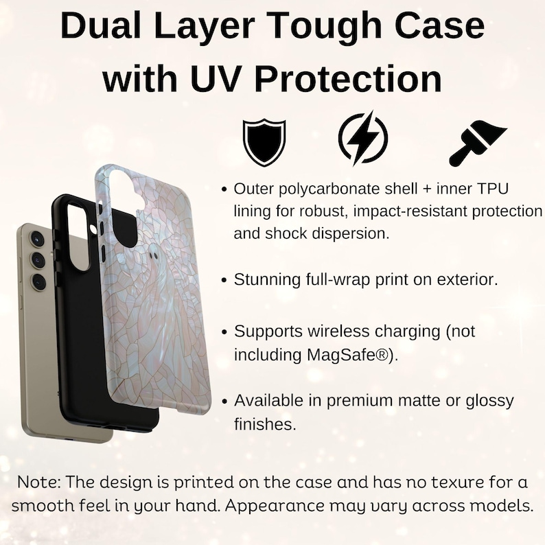 May include: A dual-layer phone case with a white and pink marble design. The case is made of polycarbonate and TPU and offers impact-resistant protection. It supports wireless charging and is available in matte or glossy finishes.