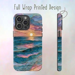 May include: A phone case with a full wrap printed design. The case features a sunset over the ocean with shades of blue, pink, and gold. The text "Full Wrap Printed Design" is visible at the top.