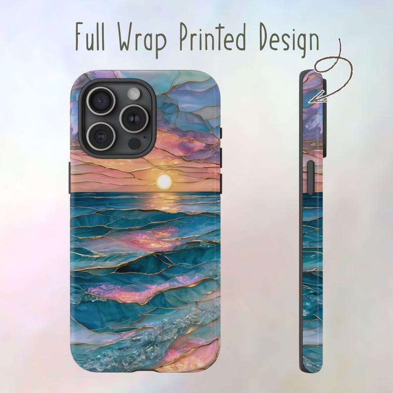 May include: A phone case with a full wrap printed design. The case features a sunset over the ocean with shades of blue, pink, and gold. The text "Full Wrap Printed Design" is visible at the top.