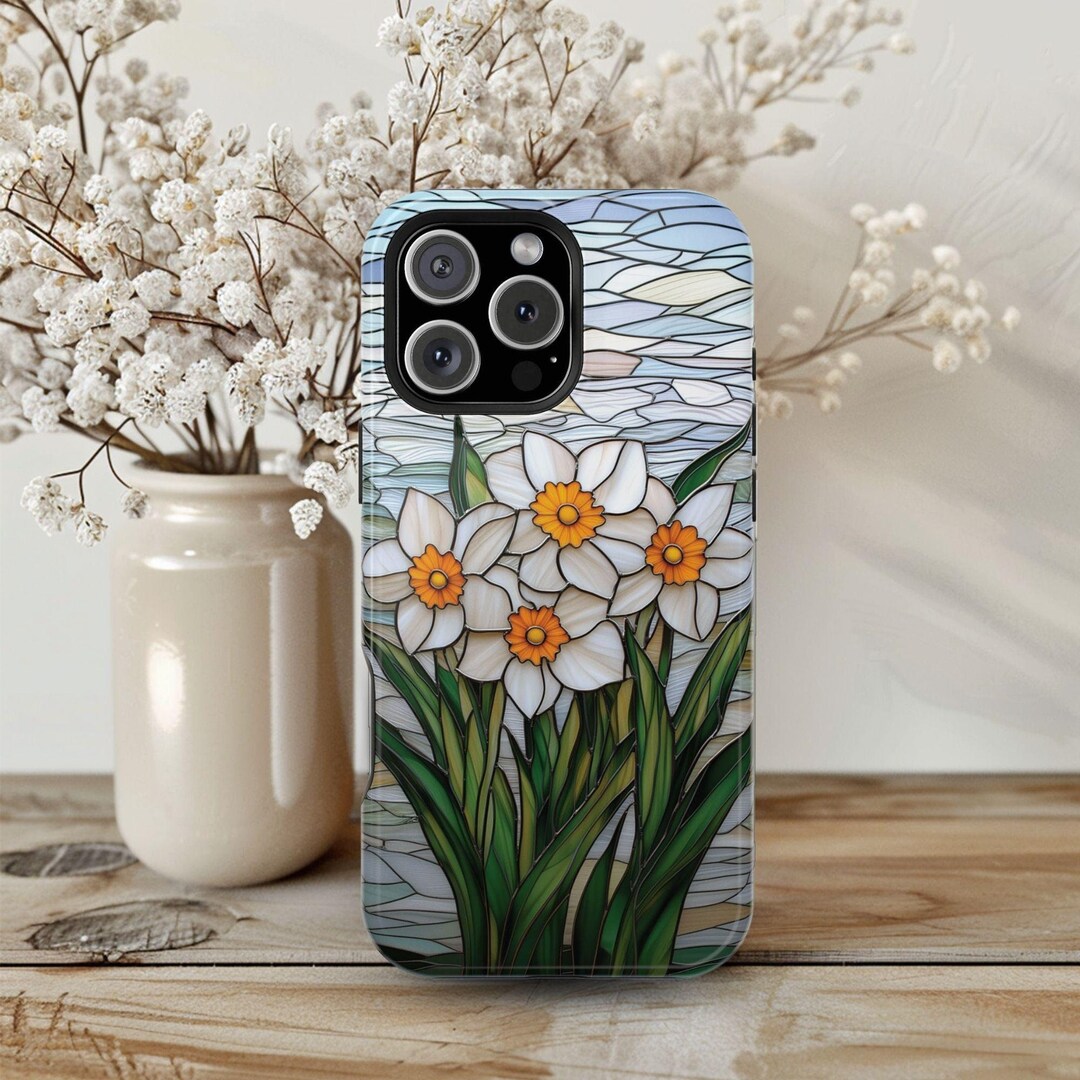 Spring Floral Magsafe Compatible Phone Case Daffodil Faux Stained Glass ...