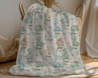 Personalized Dinosaur Baby Blanket, Cute Dino Name Blanket for Boy, Sage Green Nursery Fleece Throw, Custom Name Blanket Baby Shower Gift