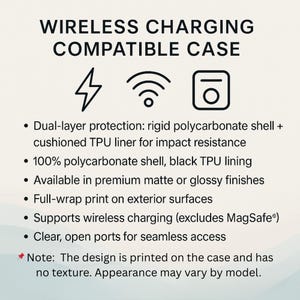 Peut inclure: Image d'un &eacute;tui compatible avec la recharge sans fil. Le texte indique &laquo; WIRELESS CHARGING COMPATIBLE CASE &raquo;. Comprend une protection double couche, une coque en polycarbonate et la prise en charge de la recharge sans fil. Disponible en finitions mates ou brillantes.