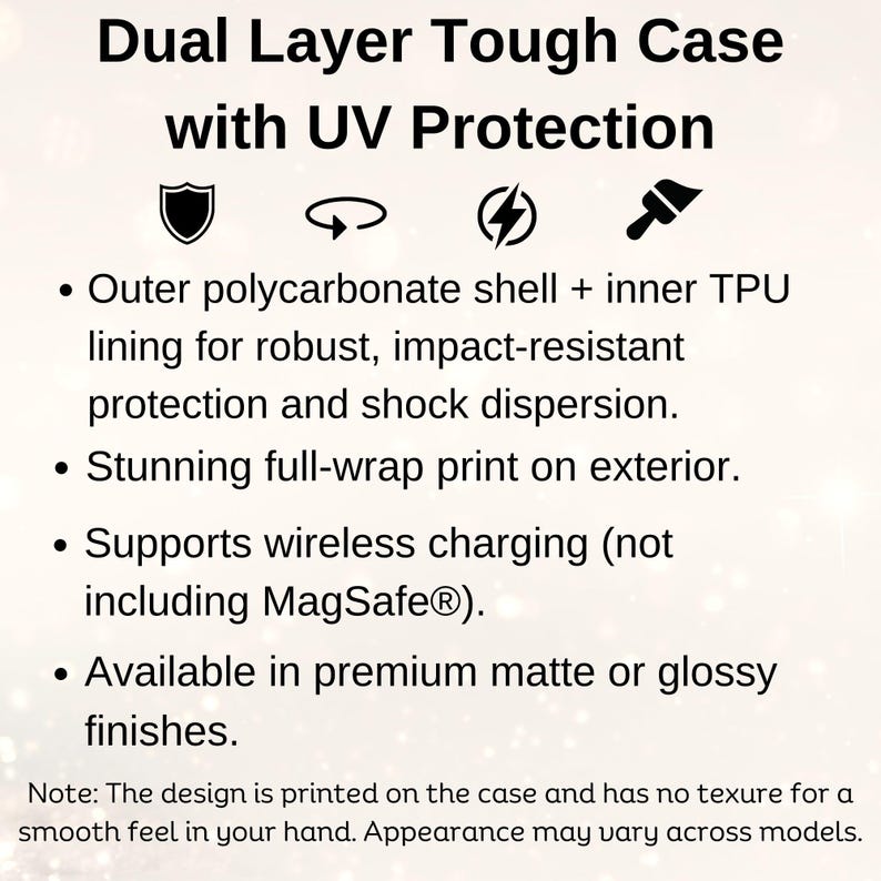 Pu&ograve; includere: Custodia per telefono resistente a doppio strato con protezione UV. La custodia presenta un guscio in policarbonato e una fodera in TPU per resistere agli urti. Supporta la ricarica wireless e presenta un design di stampa avvolgente. Disponibile in finiture opache o lucide.