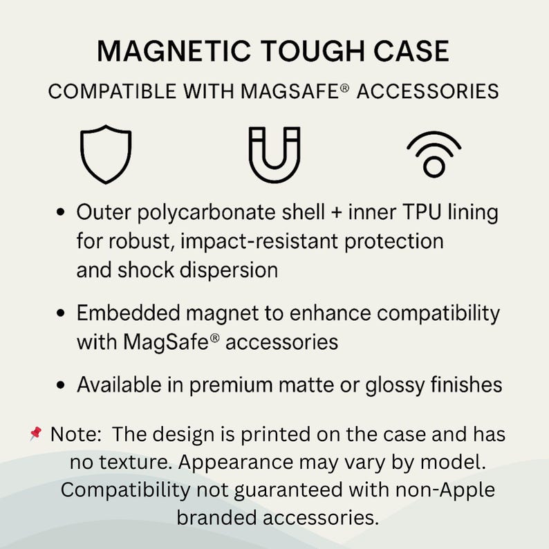 May include: Text description of a magnetic tough case compatible with MagSafe accessories. Features include an outer polycarbonate shell and inner TPU lining for impact resistance, an embedded magnet, and available matte or glossy finishes.