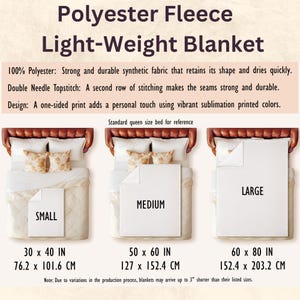 May include: Three queen-sized beds with different sized blankets on top. The blankets are labeled "Small", "Medium", and "Large". The measurements of each blanket are listed in inches and centimeters. The text "Polyester Fleece Light-Weight Blanket" is at the top of the image.