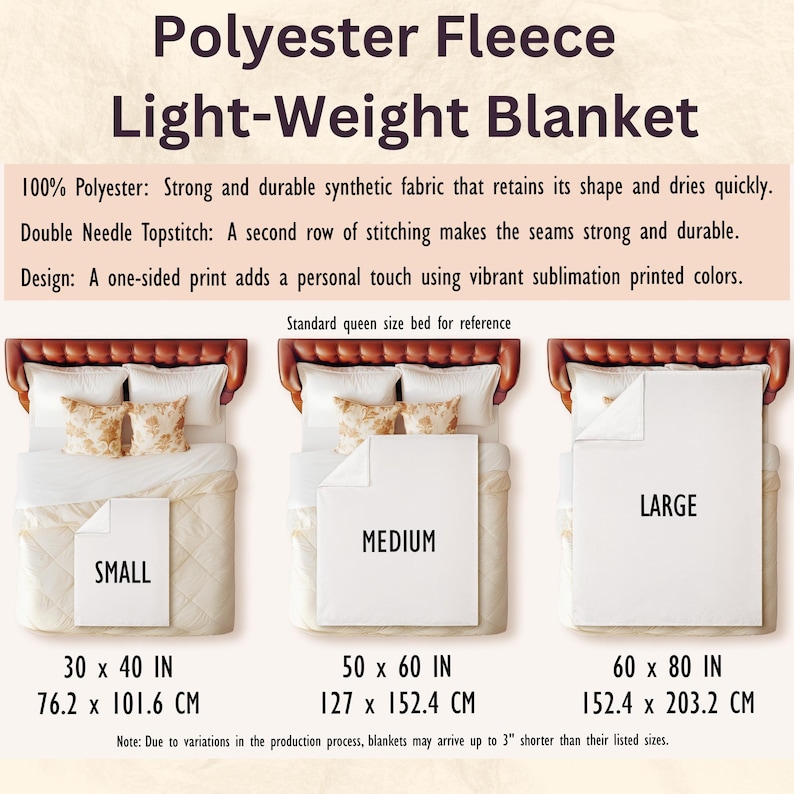 May include: Three queen-sized beds with different sized blankets on top. The blankets are labeled "Small", "Medium", and "Large". The measurements of each blanket are listed in inches and centimeters. The text "Polyester Fleece Light-Weight Blanket" is at the top of the image.