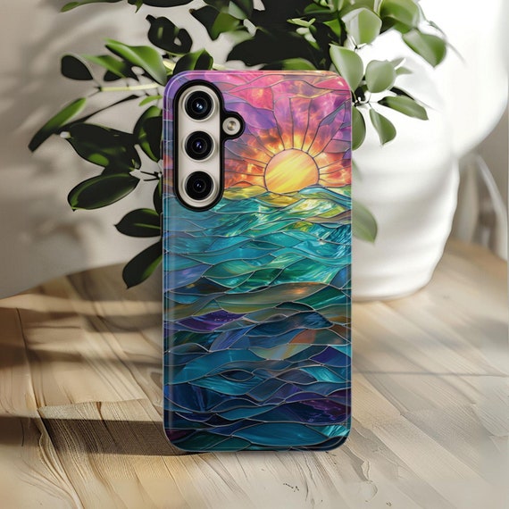 Beach Sunset Phone Case Faux Stained Glass Ocean Sunrise Phone Case Waves Nautical Cover for Galaxy S 24 23 22 21 Pixel 8 7 6 iPhone & More
