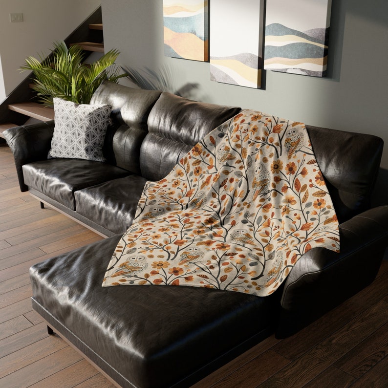 Fall Throw Blanket Fall Home Decor Barn Owl Fleece Blanket Floral Autumn Lovers Gift Cottagecore Fall Decor Leaves Flower Lovers Christmas 50" × 60"