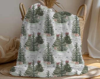 Merry Christmas Woodland Blanket, Christmas Tree Fleece Throw, Winter Forest Bow Blanket, Girly Coquette Xmas Tree Minky Fleece Lap Blanket