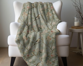 Chinoiserie Bird Blanket Floral Throw Sage Green Cottagecore Fleece Blanket Retro Botanical Bird Home Decor Gift for Women Mother's Day Gift