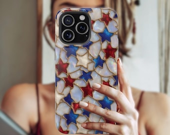 USA Phone Case Red White Blue Stars Faux Stained Glass Patriotic Phone Cover, 4th of July Summer Magsafe Compatible Phone Case for iPhone