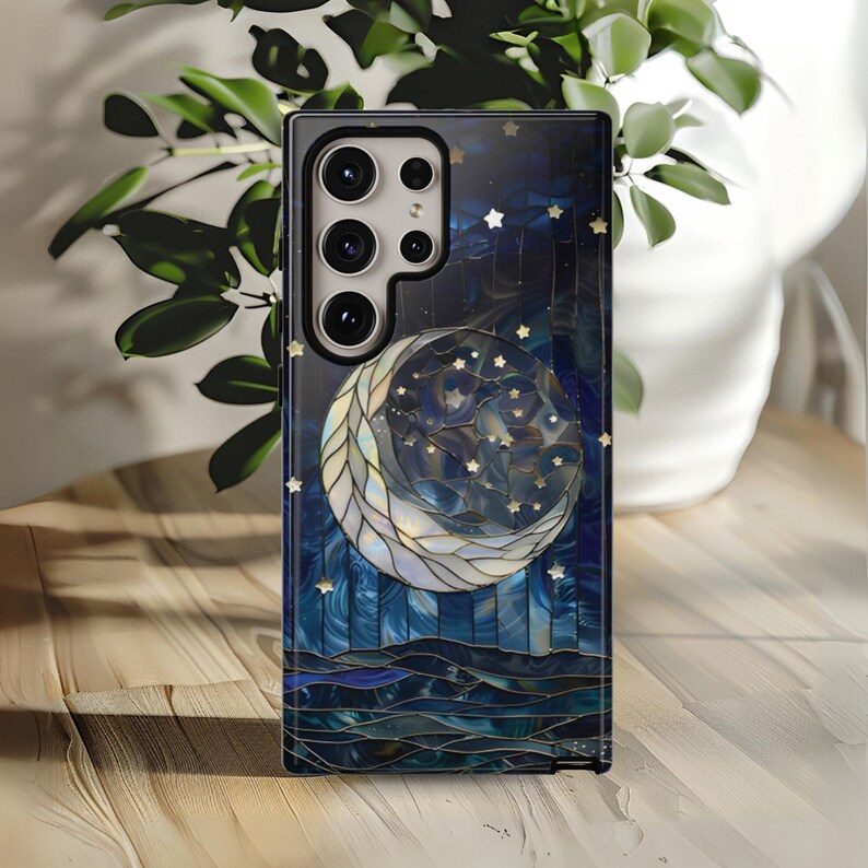 Funda para teléfono con luna y estrellas, cielo nocturno estrellado celestial sobre vidriera falsa, Galaxy S24 23 22 21 20 10 Google Pixel 5 6 7 8 iPhone imagen 1