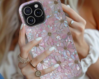 Floral Faux Stained Glass Spring Phone Case, Daisy Flowers MagSafe Compatible Wildflower Cover, Pink Flower Garden Mosaic Case for iPhone
