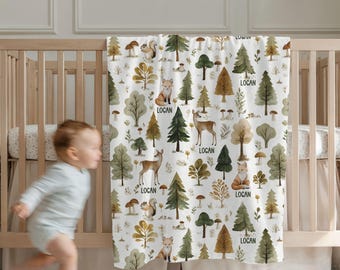 Personalized Woodland Baby Blanket, Custom Name Forest Animal Blanket, Woodland Nursery Decor, Baby Shower Gift, Deer Fox Blanket
