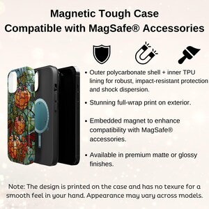 May include: A black phone case with a colorful stained glass design. The case is compatible with MagSafe accessories. The text "Magnetic Tough Case" and "Compatible with MagSafe&reg; Accessories" is printed on the top of the image.