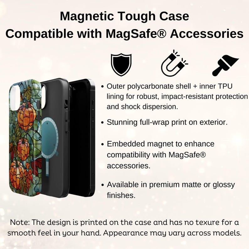 May include: A black phone case with a colorful stained glass design. The case is compatible with MagSafe accessories. The text "Magnetic Tough Case" and "Compatible with MagSafe&reg; Accessories" is printed on the top of the image.