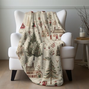 Christmas Blanket, Christmas Village Holiday Throw Vintage Inspired Christmas Town Fleece Christmas Gift Friends Family Co-worker Present