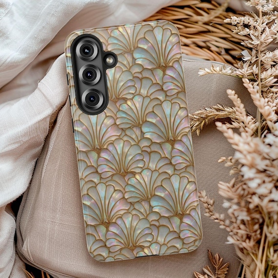 Seashell Phone Case, Coastal Cottage Beach Phone Cover, Faux Stained Glass Shell Case, Pearl Ocean Phone Cover for Galaxy Pixel Phone Case