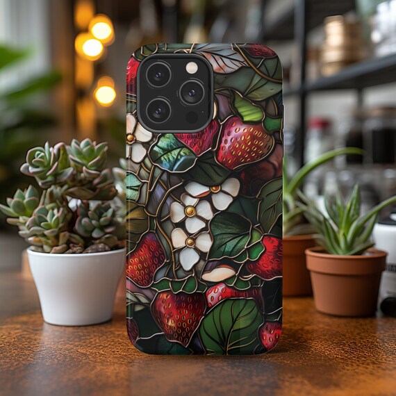 Strawberries Phone Case MagSafe Faux Stained Glass Phone Cover, Plant Mom Gifts for Gardeners, Cottagecore iPhone 13 14 15 Plus Pro Max Mini