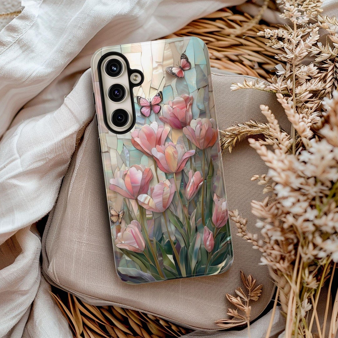 Spring Phone Cases Spring Garden Faux Stained Glass Phone Case Pink Tulip Flower Lovers ...