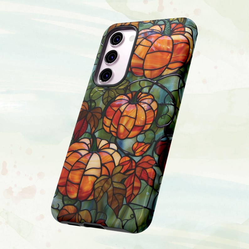 Funda de calabaza para teléfono, diseño de calabaza de Halloween con hojas de otoño, funda con vidrieras otoñales para Acción de Gracias para iPhone, Samsung Galaxy Pixel imagen 4