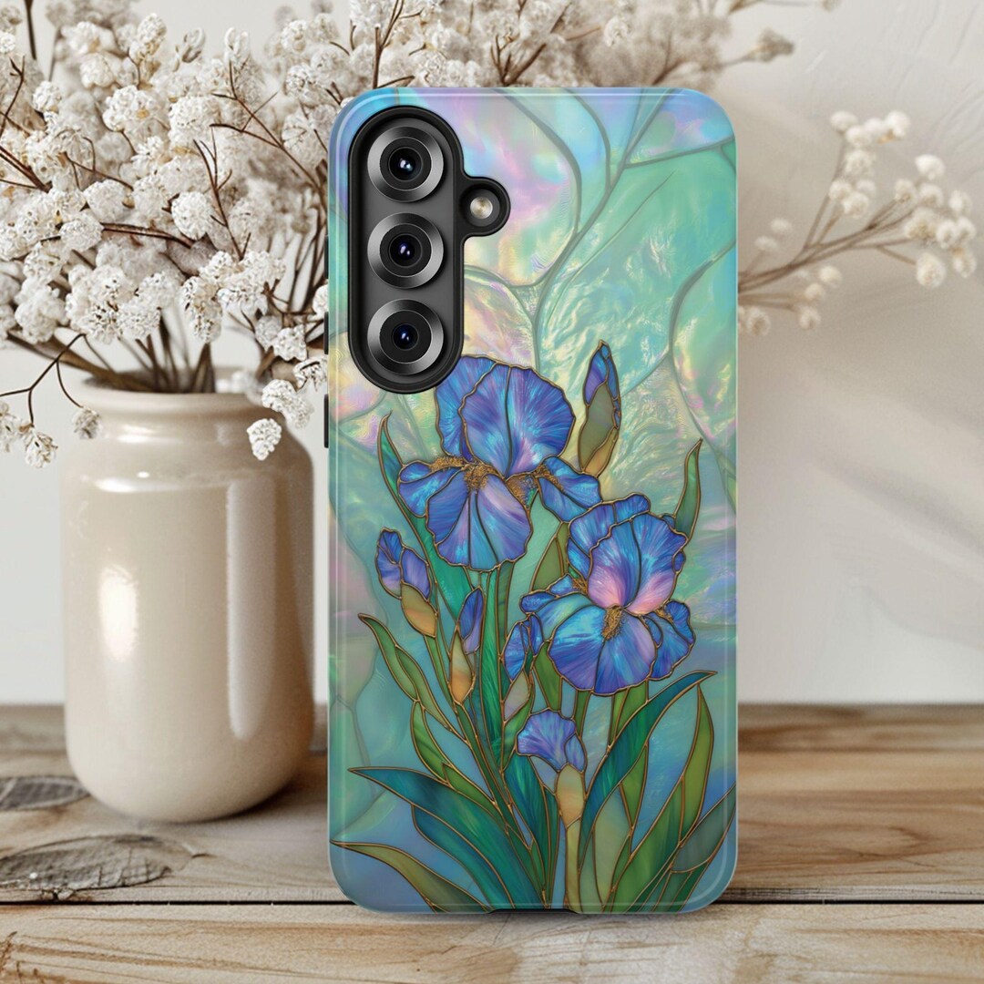 Spring Phone Cases Spring Floral Faux Stained Glass Phone Case, Blue Iris Phone Cover ...