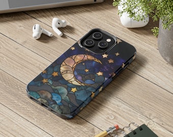 Celestial Moon and Stars, Faux Stained-Glass Phone Case, Space Lovers Galaxy Cosmic, for iPhone 7 8 11 12 13 14 15 Plus Pro Max Mini X Xs Se