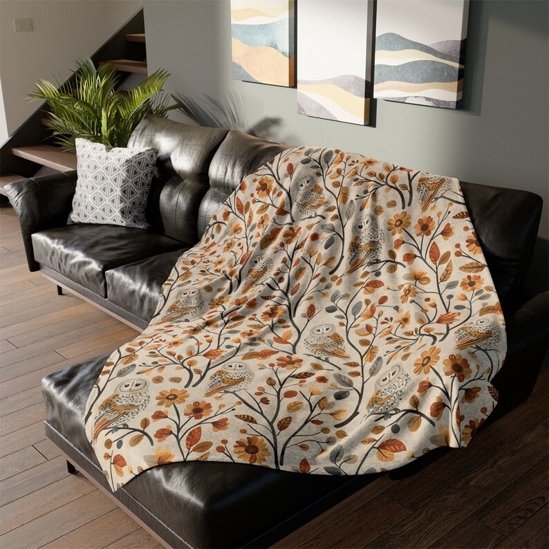 Fall Throw Blanket Fall Home Decor Barn Owl Fleece Blanket Floral Autumn Lovers Gift Cottagecore Fall Decor Leaves Flower Lovers Christmas 60" × 80"