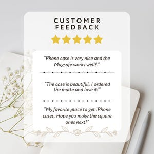 Peut inclure: Fond blanc avec le texte &laquo;&nbsp;CUSTOMER FEEDBACK&nbsp;&raquo; et cinq &eacute;toiles dor&eacute;es. En dessous, trois avis clients sur des coques de t&eacute;l&eacute;phone, avec des commentaires sur la fonction MagSafe et la finition mate.