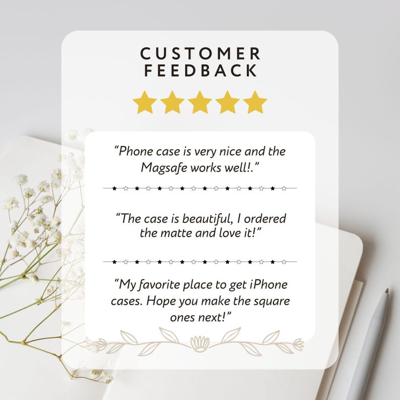 Peut inclure: Fond blanc avec le texte &laquo;&nbsp;CUSTOMER FEEDBACK&nbsp;&raquo; et cinq &eacute;toiles dor&eacute;es. En dessous, trois avis clients sur des coques de t&eacute;l&eacute;phone, avec des commentaires sur la fonction MagSafe et la finition mate.