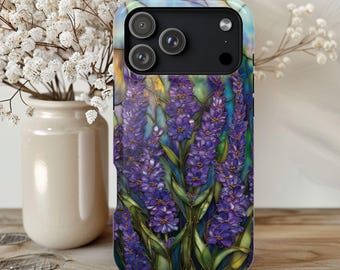 Lavender MagSafe Compatible Phone Case, Floral Faux Stained Glass Phone Cover, Botanical Flower Garden Phone Case for iPhone 17 16 15 14 13