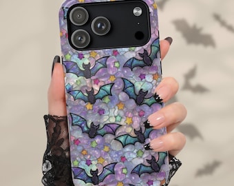 Halloween Bat Phone Case, Faux Stained Glass Phone Cover, Pastel Goth iPhone Case, Cute Spooky Bat Case, Kawaii Gothic Stars