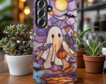 Spooky Ghost Faux Stained Glass Phone Case: Halloween Pumpkin Bat Cover