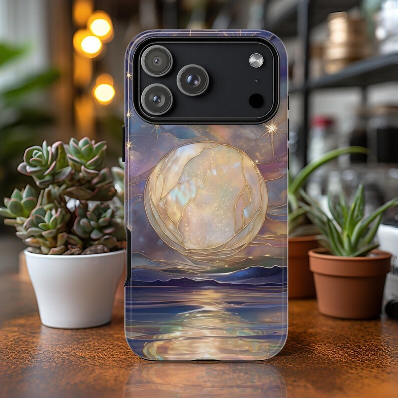 Funda para teléfono con diseño de luna, funda mística con luna celestial y estrellas de imitación de vidriera, funda para teléfono con cielo estrellado para Galaxy iPhone Pixel imagen 9