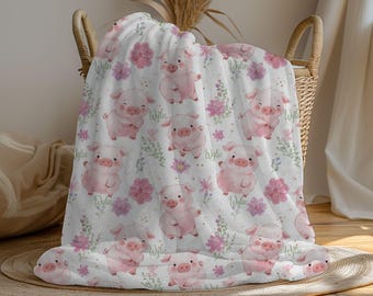 Manta de cerdito personalizada, manta polar con nombre personalizado, adorable animal de granja, manta floral rosa con nombre de cerdito, regalo para amantes de los animales