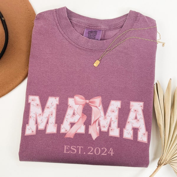 Pink Coquette Mama Shirt Custom Bows Comfort Colors Mom T-Shirt Personalized Momma T Shirt Gift for Mom Mother's Day Christmas Birthday